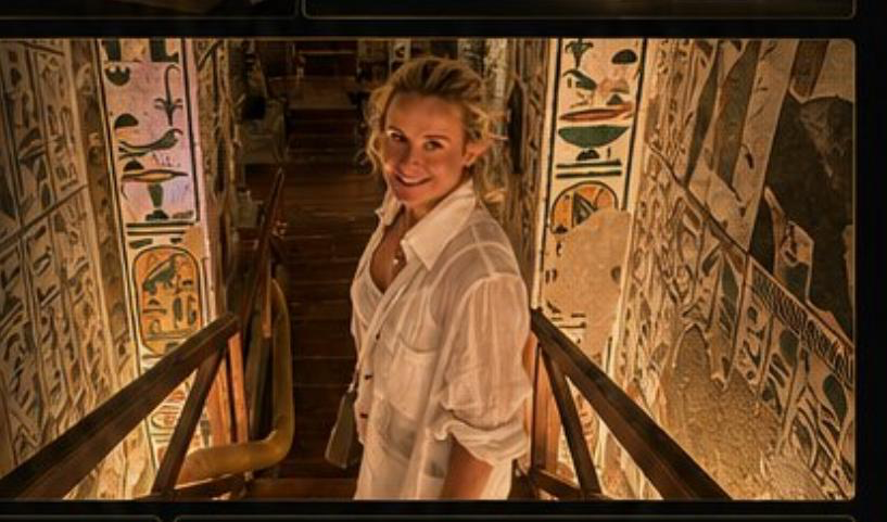 Dawn Higgins walking down into an Egyptian tomb