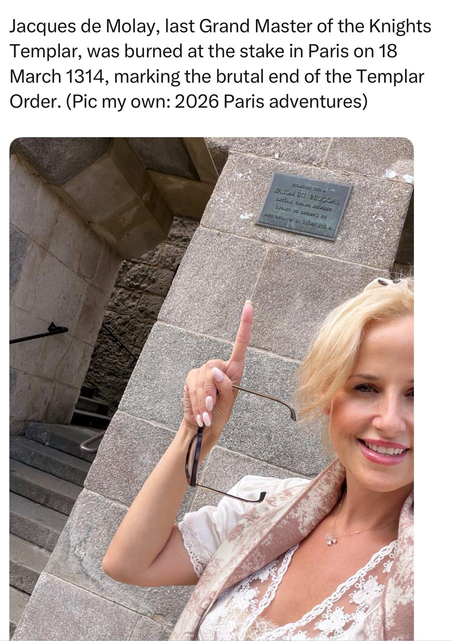 Dawn Higgins at the Jacques de Molay plaque, Paris