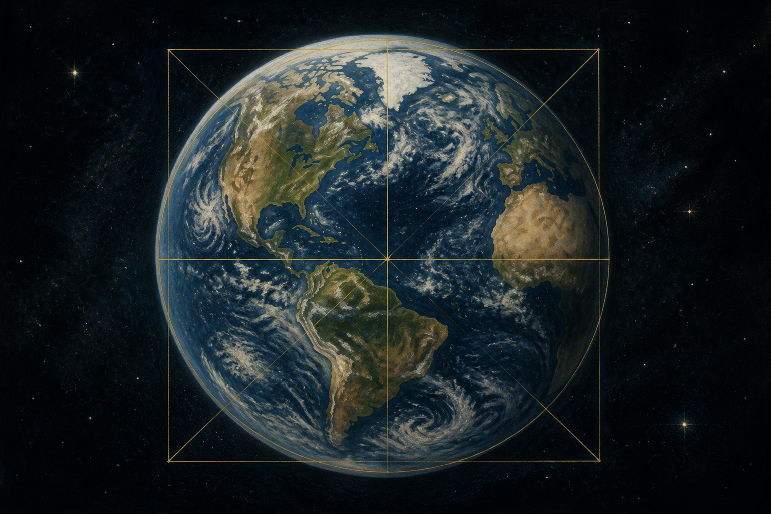 The earth in a gold square, original painting